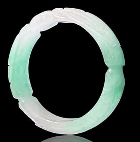 Large Chinese Jadeite Bangle w/ Carved Dragons.