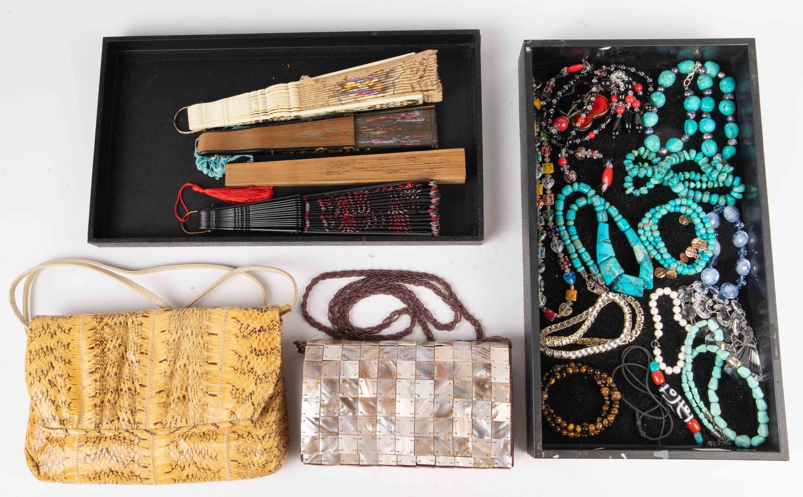 Lot of Turquoise Jewelry, Bags, Hand Fans & More.: The lot contains 19 items. The jewelry includes items with turquoise, rhinestones, glass, pearls, and tiger eye stones. All of the turquoise necklaces have sterling silver clasps. Next, there are two