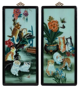 Pair of Chinese Reverse Glass Paintings - Cats.