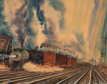 Watercolor of Train Yard, Wendell Mohr.
