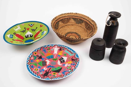 Lot: 6 African Articles- Wood Vessels, Woven Bowls