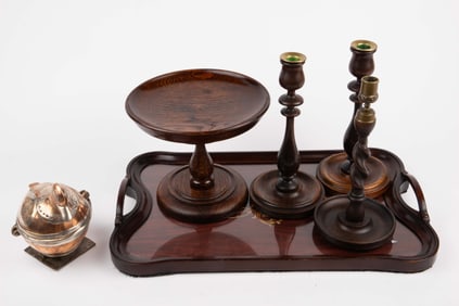 Lot: English Wood Articles, Indian Brass Duck.