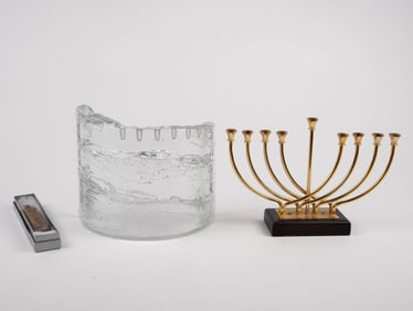 Lot: 3 Judaica Pcs.- Menorahs & Mezuzah.