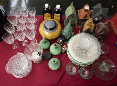 Lot of Cut Crystal, Metal Votives, Oil Lamps, Etc.