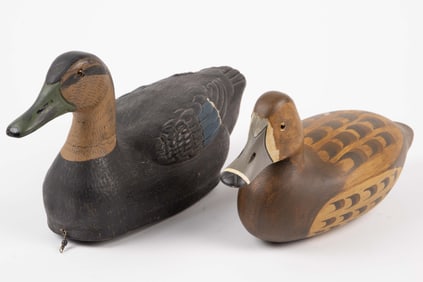 Lot of 2 Wooden Glass Eye Duck Decoys - 1 Signed.