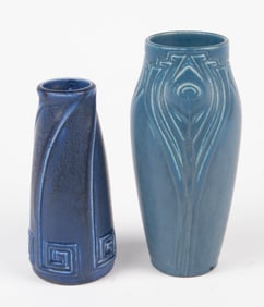 2 Rookwood Vases - Greek Key, Peacock Feathers.