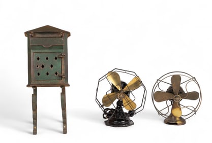 Cast Iron Mailbox & 2 Antique Fans - Crescent, Etc
