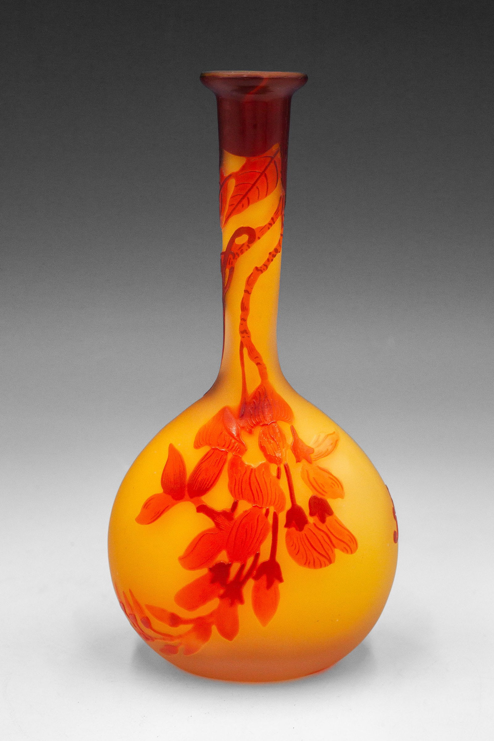 Signed "Galle" 6 1/2" Banjo Vase w/ Red Flowers. (1 of 7)