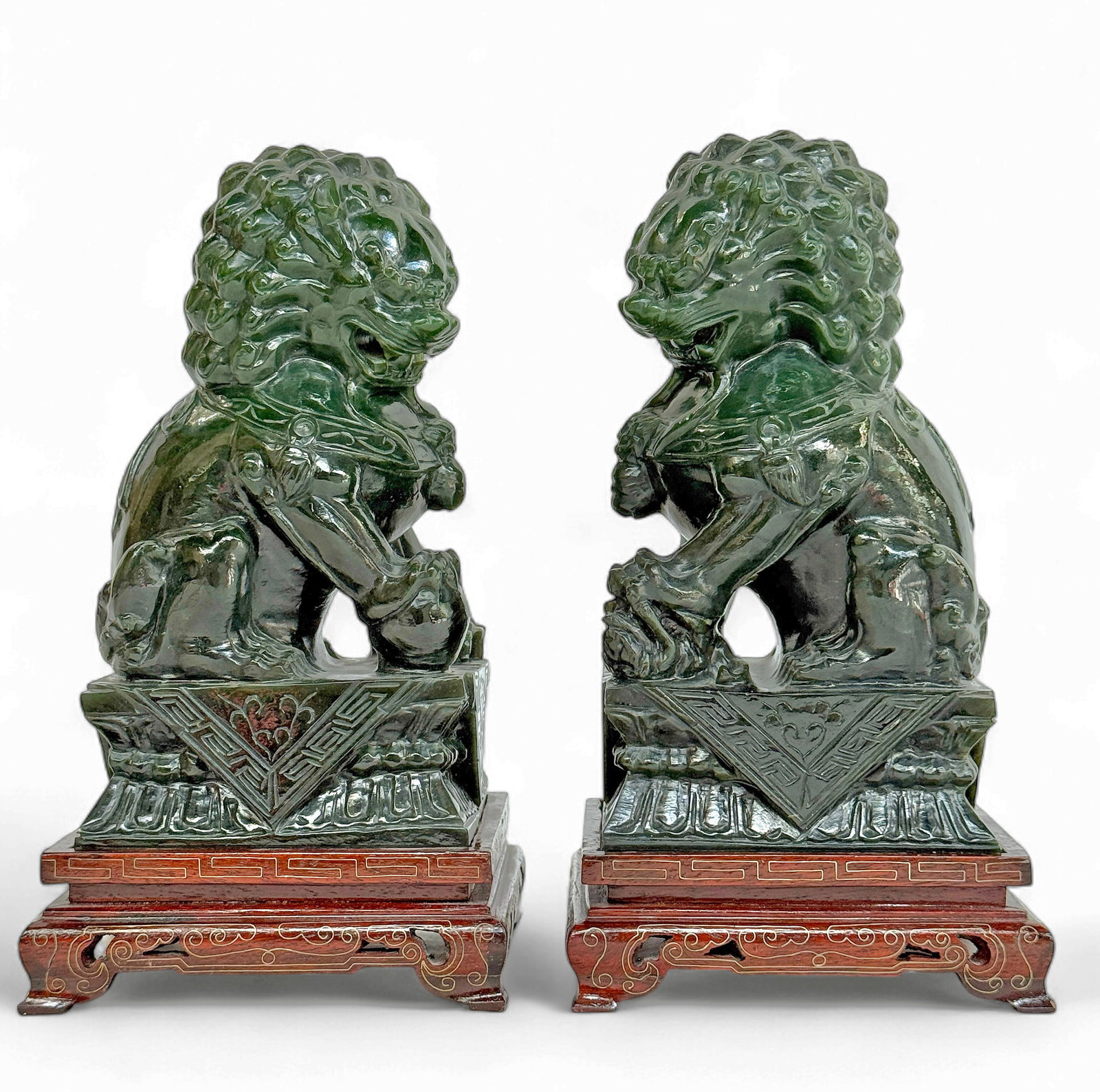 Pair of Chinese Spinach Jade Foo Dogs w/ Stands. (1 of 6)