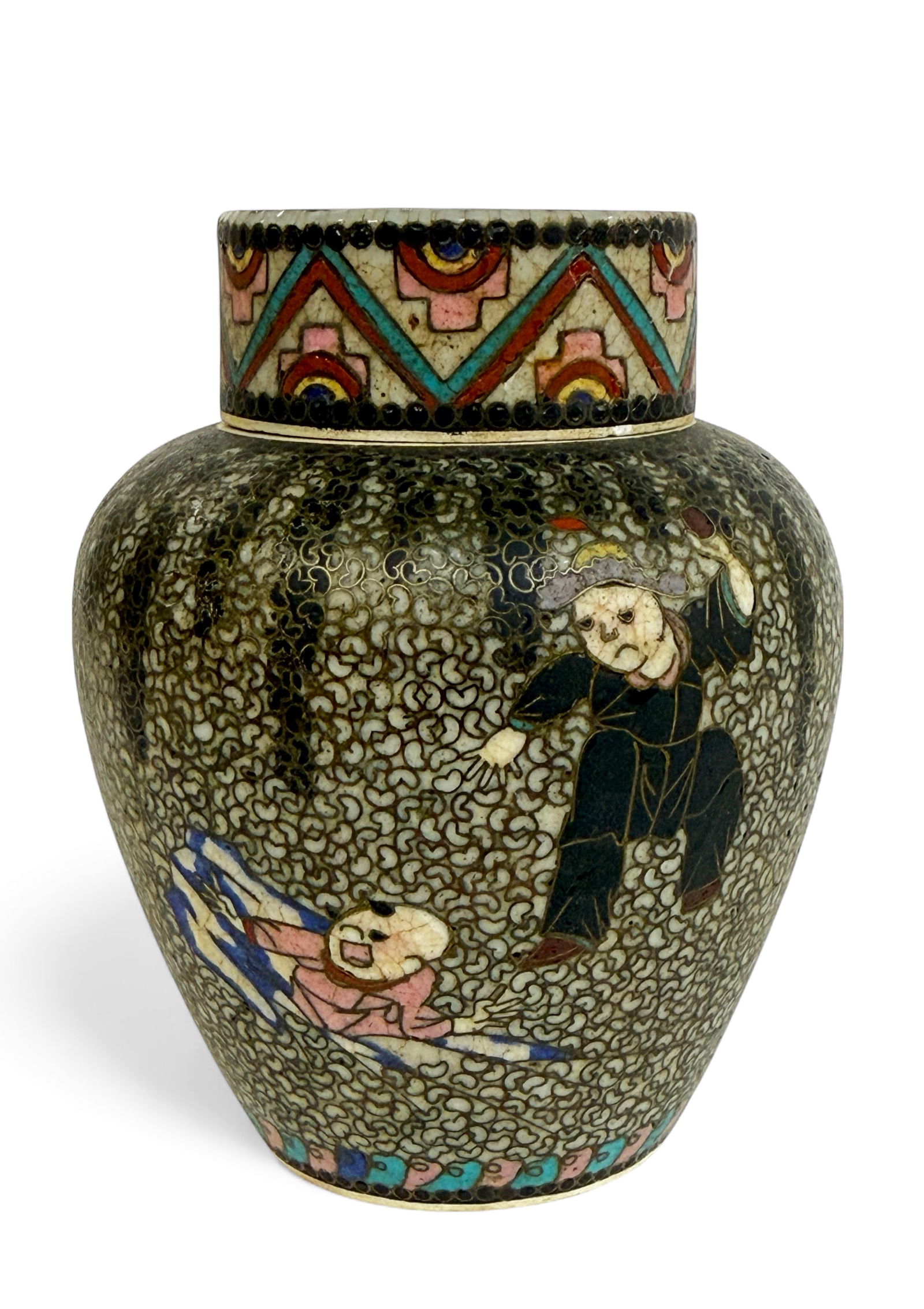 Japanese Kinkozan Sobei Cloisonne on Pottery Jar.: This meiji period jar or tea caddy is very finely done. It is signed on the underside. It is in good overall condition. It measures 4 3/8" tall and 3 1/2" in diameter. In-house shipping is available.