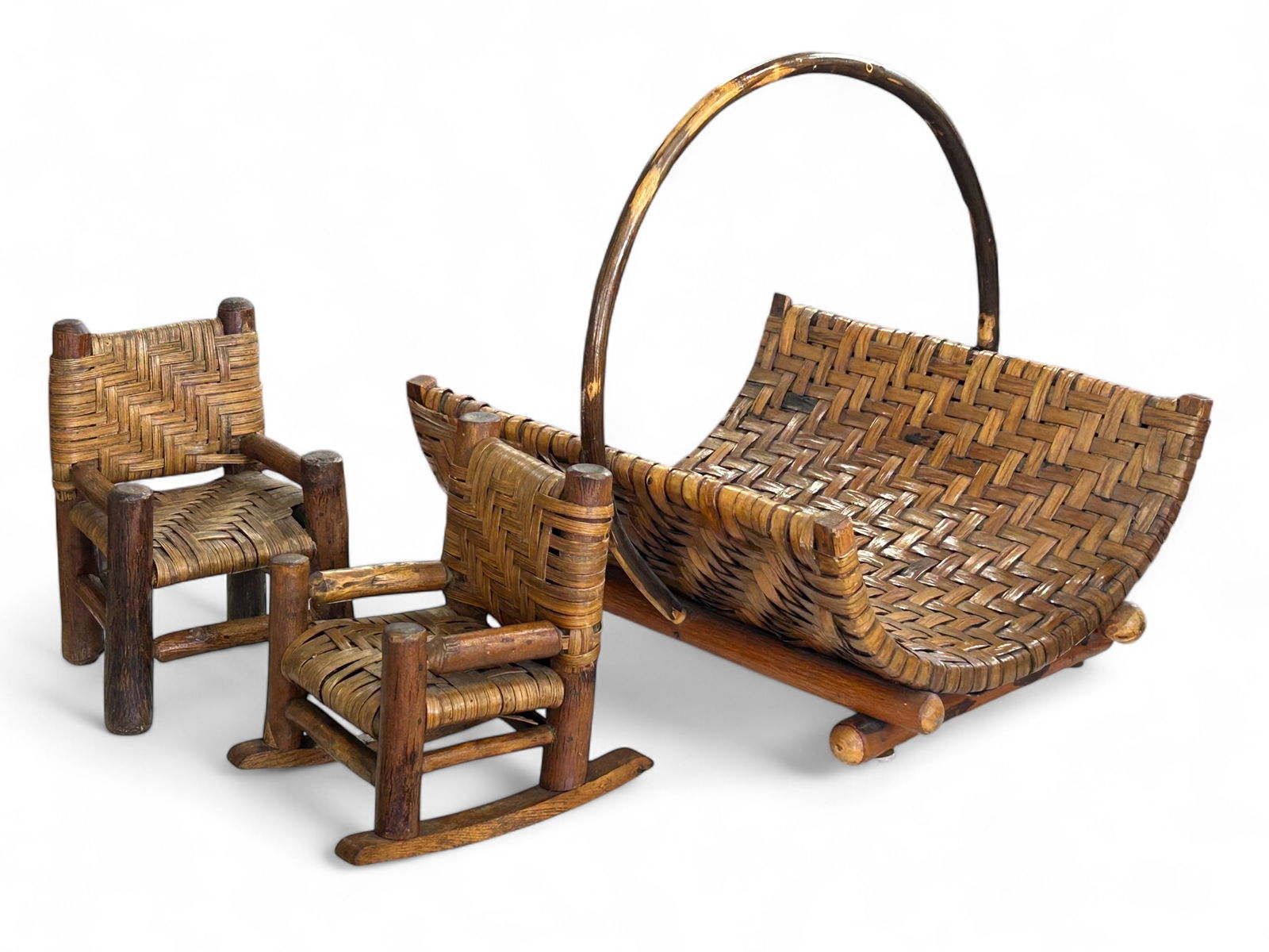 Signed Old Hickory Fire Basket & 2 Doll Chairs. (1 of 16)