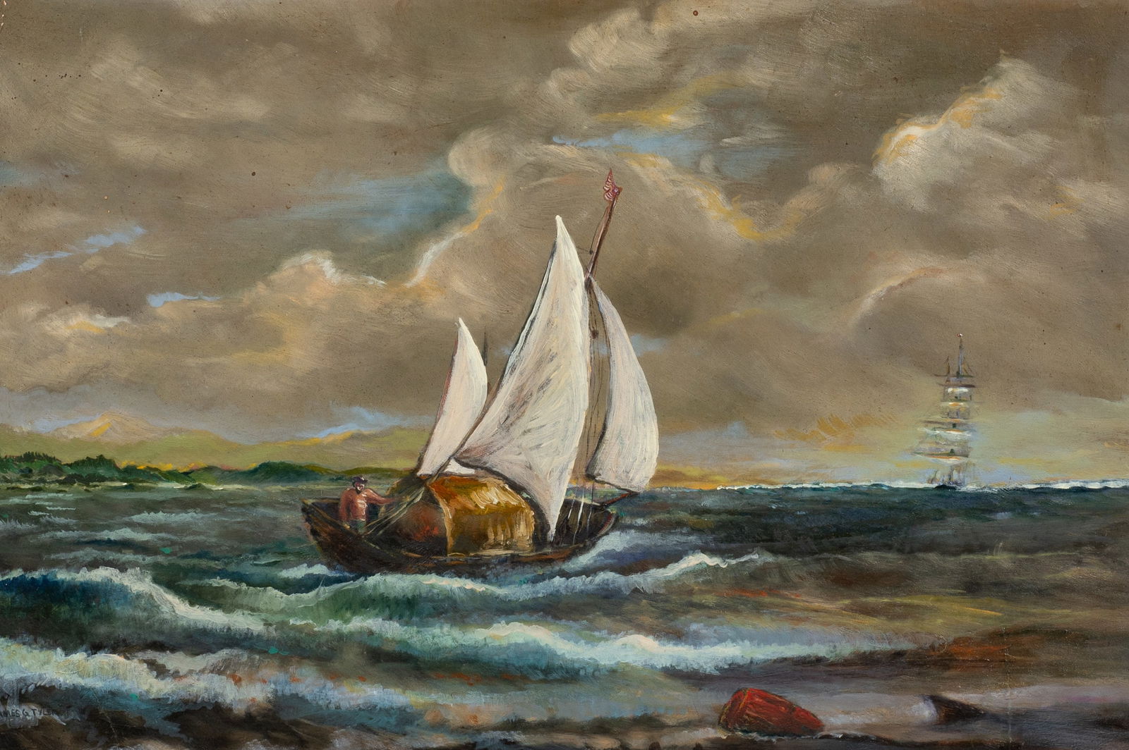 Cloudy Maritime Painting, After James Tyler.: Artist(s): After James Gale Tyler (American, 1855-1931) Medium: Oil on board. Signature(s): Bears the signature "James G. Tyler", lower left. Paperwork: N/A Condition: Surface grime, and creases, with