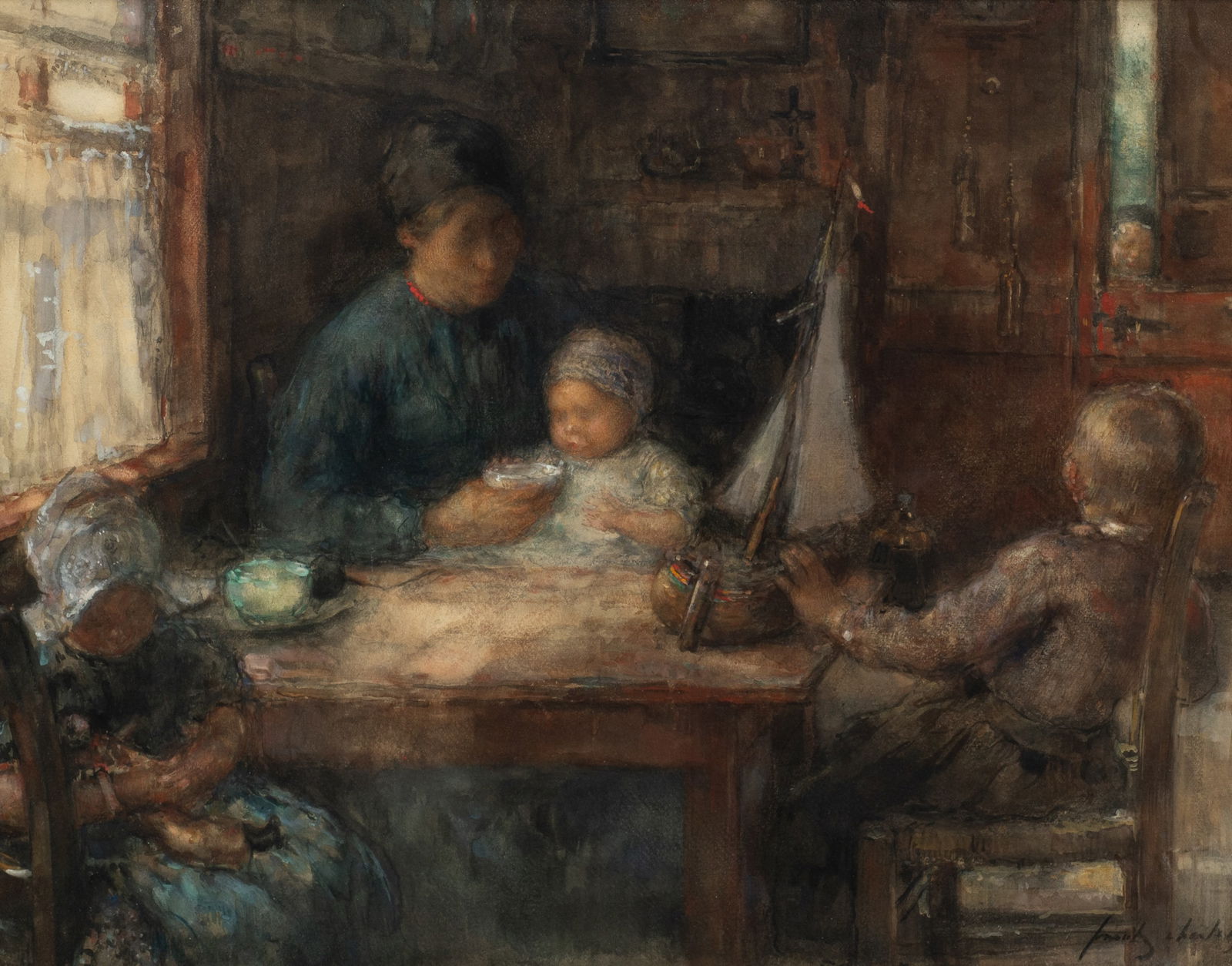 Fisherman's Family, Watercolor, Frantz Charlet. (1 of 6)