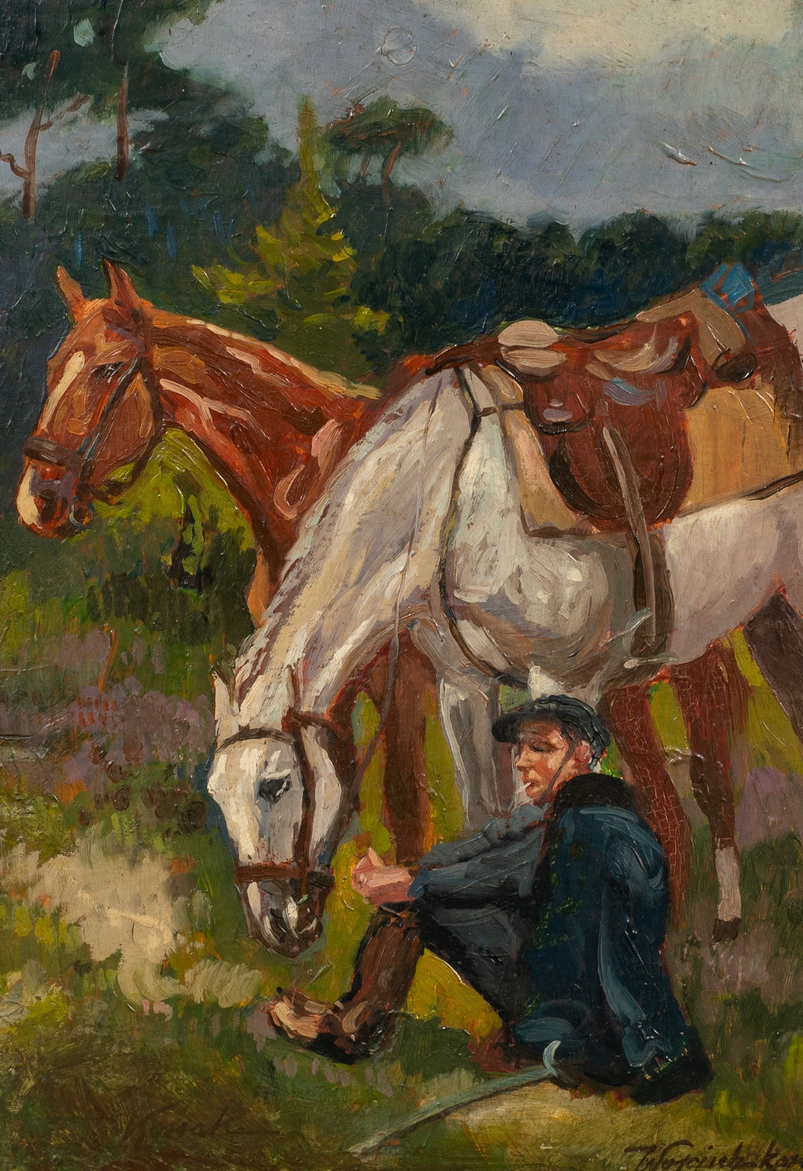 Soldier and his Horses, Manner of Wojciech Kossak.: Artist(s): Manner of Wojciech Adalbert Kossak (Polish, 1857-1942). Medium: Oil on board. Signature(s): Signed in the manner of Kossak, lower right. "Kossak" is also signed lower left. Paperwork: N/A C