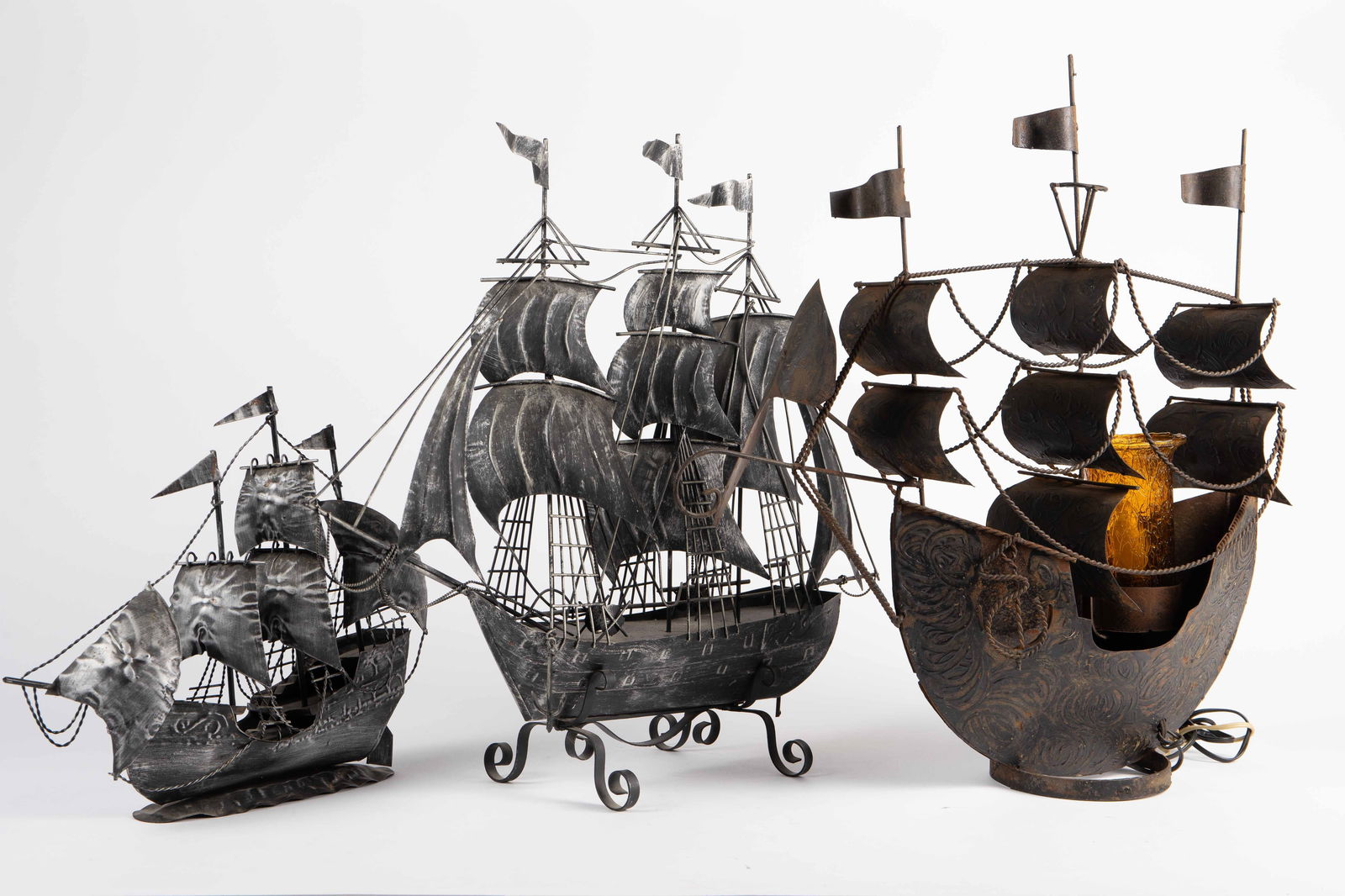 Hand Wrought Metal Sail Ship Lamp & 2 Ships. (1 of 6)