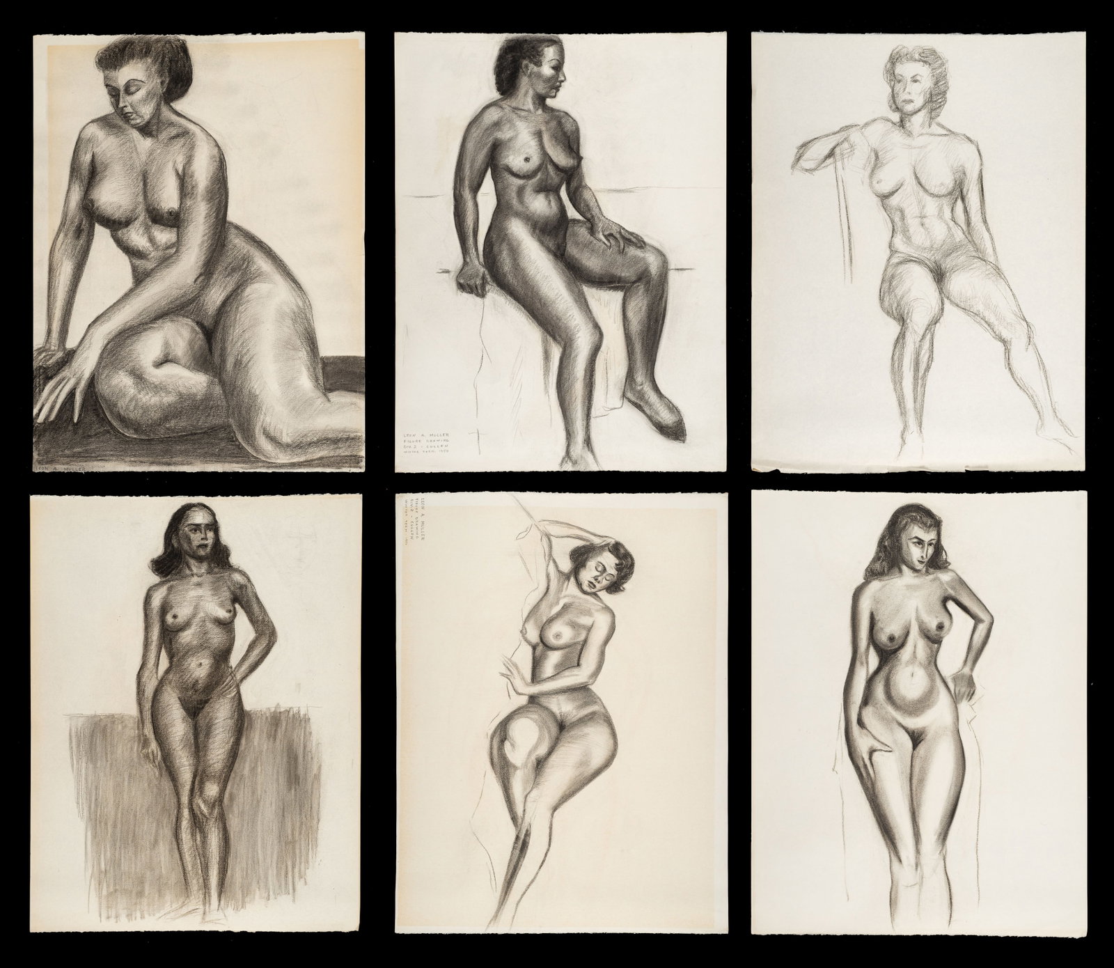 Lot of Six Charcoal Nude Sketches, Leon Muller.: Artist(s): Leon A. Muller (20th Century). Medium: Charcoal drawings on paper. Signature(s): Two are pencil signed in their lower margins. Paperwork: N/A Condition: General signs of age-related wear, s