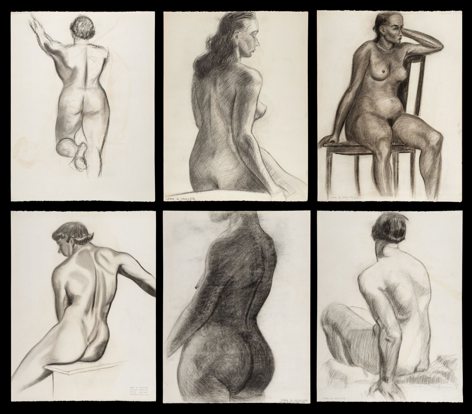 Lot of Six Charcoal Nude Sketches, Leon Muller.: Artist(s): Leon A. Muller (20th Century). Medium: Charcoal drawings on paper. Signature(s): Most are pencil signed in their lower margins. Paperwork: N/A Condition: General signs of age-related wear, 