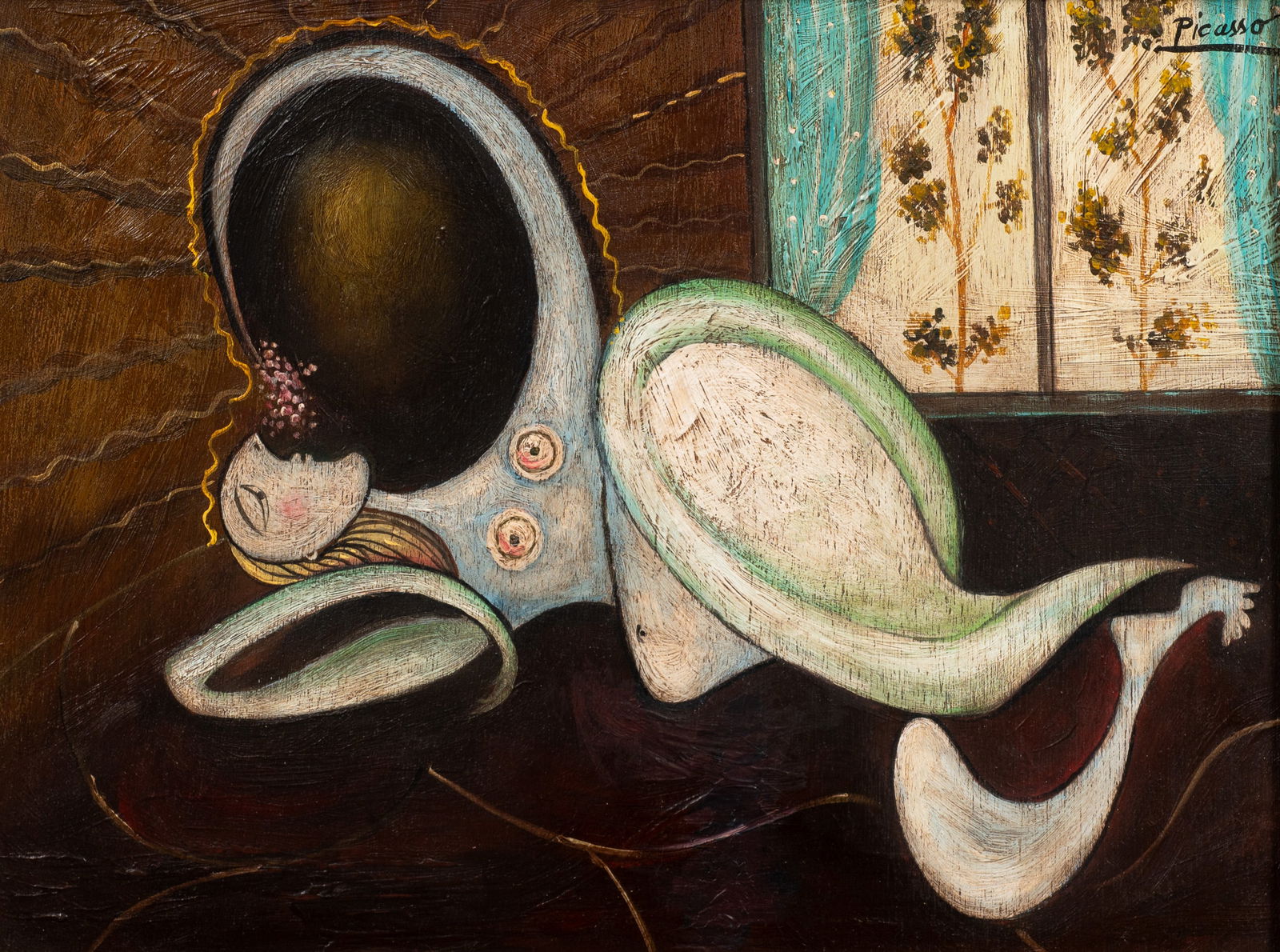 Reclining Nude, Painting After Picasso.: Artist(s): Unknown, After Picasso. Medium: Oil on board. Signature(s): Bears a signature after Picasso, upper right. Paperwork: N/A Condition: Surface grime or darkened varnish. Wear to the frame's co