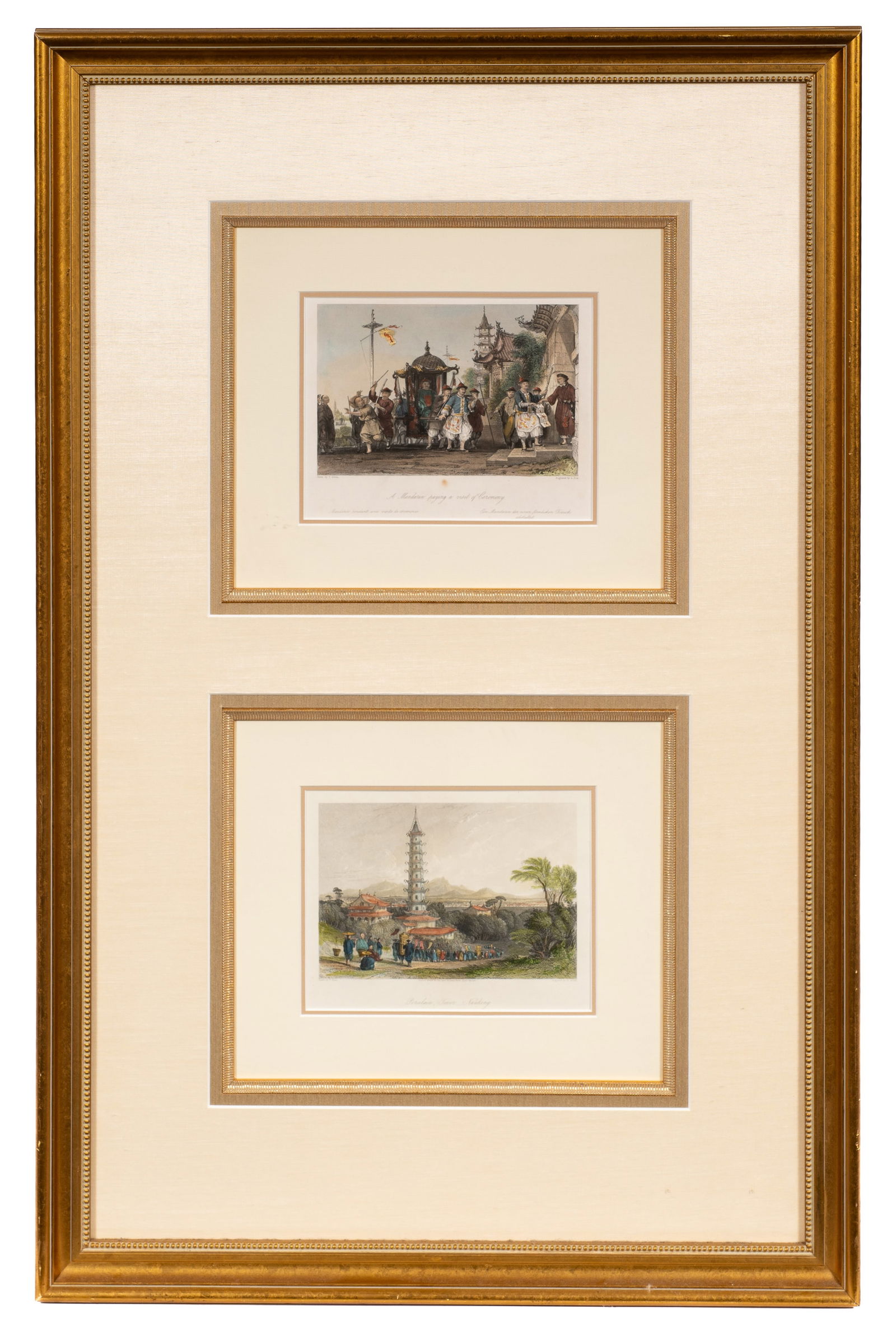 Two Engravings Framed as One, Thomas Allom.: Artist(s): Drawn by Thomas Allom. Engraved by A. Fox and H. Adlard. Medium: Hand-colored engravings. Signature(s): N/A Paperwork: N/A Condition: Foxing to the Ceremony print. Scattered scratches to fr