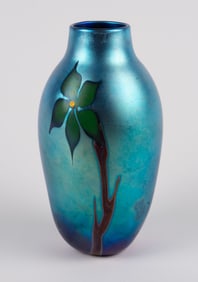 Orient & Flume Signed Iridescent Vase w/ Flowers.