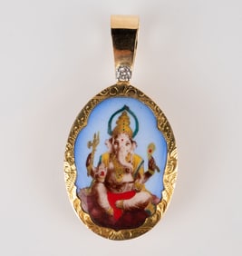18K Gold, Enamel & Diamond Ganesha Pendant.