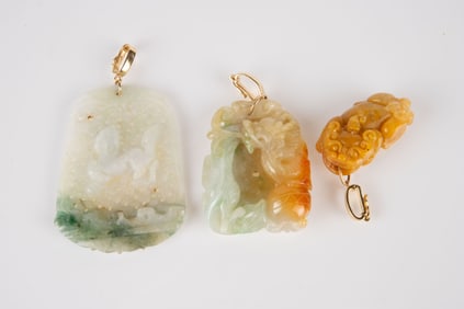3 Chinese Carved Jadeite Pendants w/ 14K Clasps.