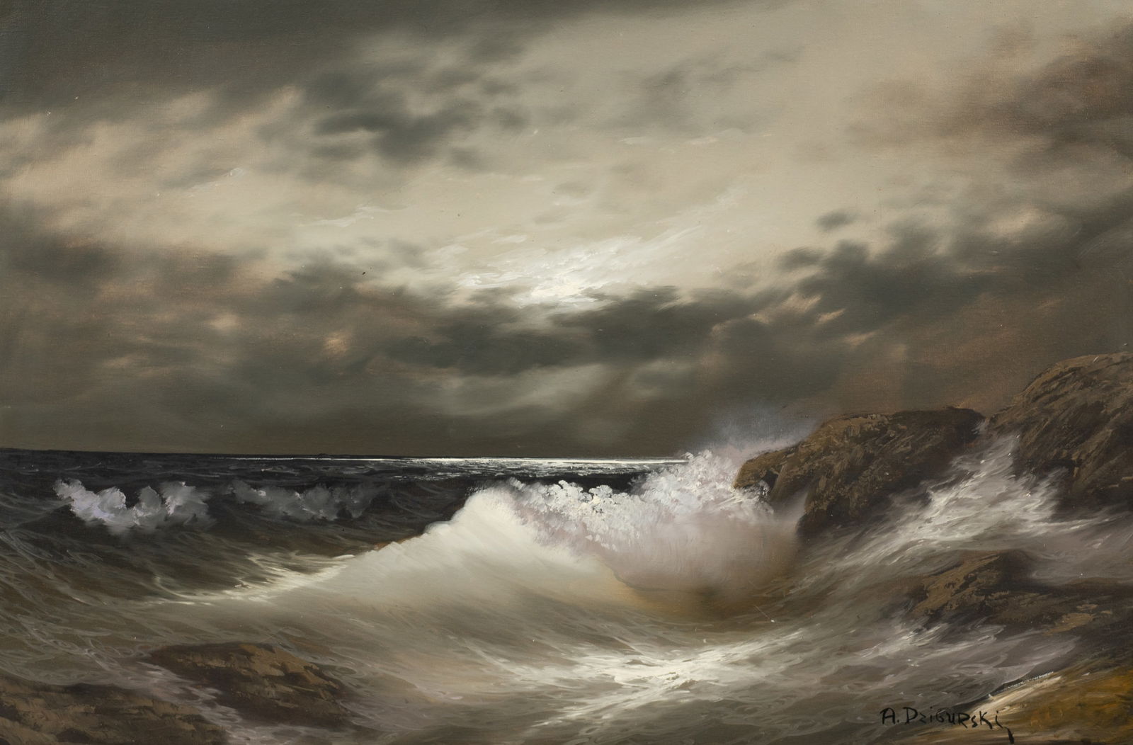 Stormy Seascape Painting, Alexander Dzigurski.: Artist(s): Alexander A. Dzigurski (Yugoslavia, 1911-1995) Medium: Oil on canvas. Signature(s): Lower right. Paperwork: N/A Condition: Scattered flecks of discoloration to the sky. Minor craquelure to