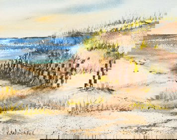 Elmer Wachtel Watercolor, Beach Scene.