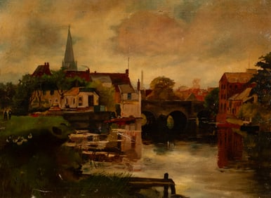 Antique European Village Scene, Unsigned.