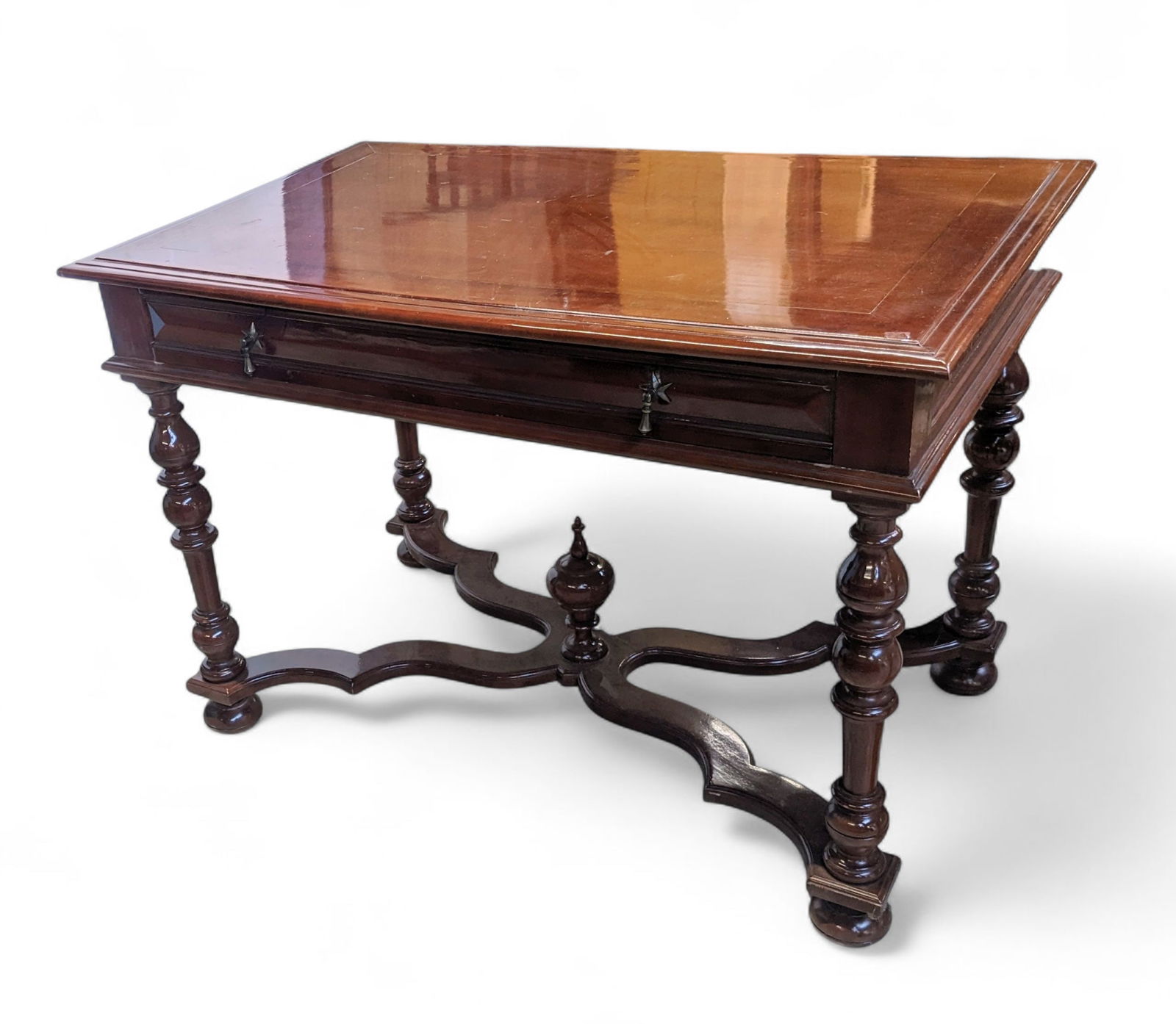 Vintage Mahogany Console Table.: The table has a single large drawer with teardrop pulls. The legs are connected by an X-stretcher, with a finial in the middle. It is in good overall condition, with a bit of surface damage. It measur