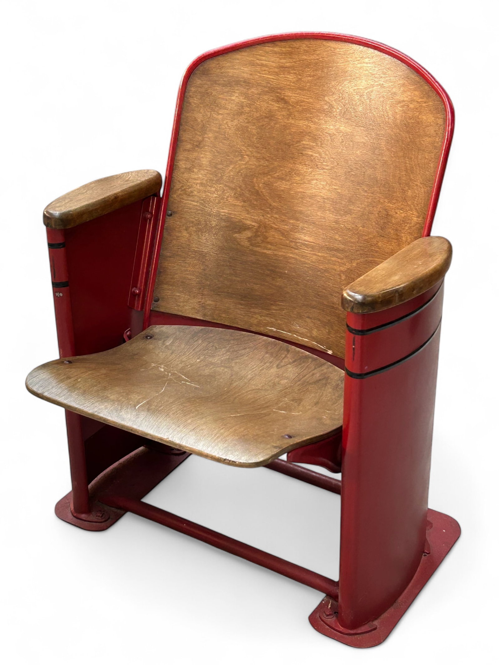 Antique Art Deco Theater Chair.: The chair is metal and painted red with a wood backrest, arms, and seat. There are some scratches on the seat and backrest, but otherwise, the piece seems to be in good condition. It measures 25" wide