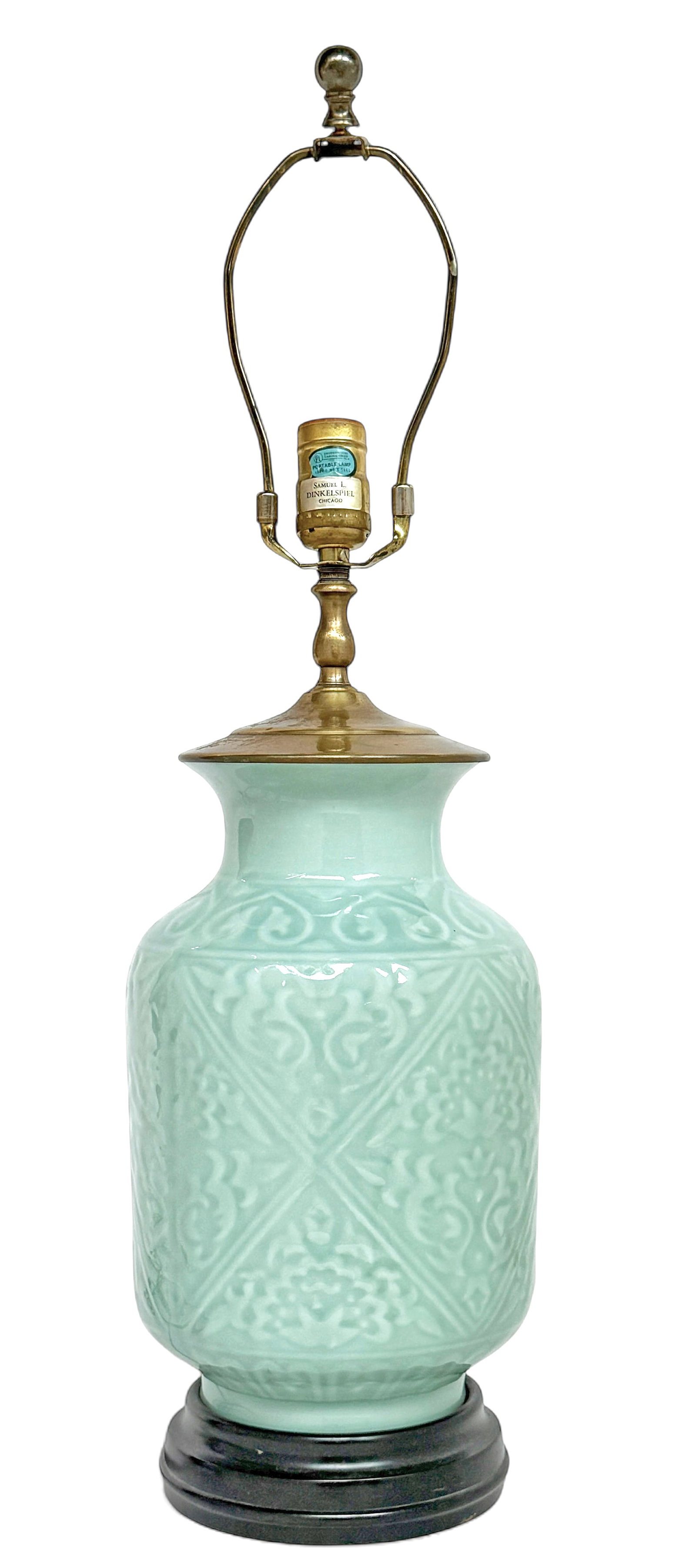 Chinese Celadon Lamp.: The lamp looks to be in good overall condition. The porcelain portion of the lamp measures 11 1/4" long and 6 3/4" in maximum diameter. The lamp measures 25 3/8" tall from base to top of finial. In-ho