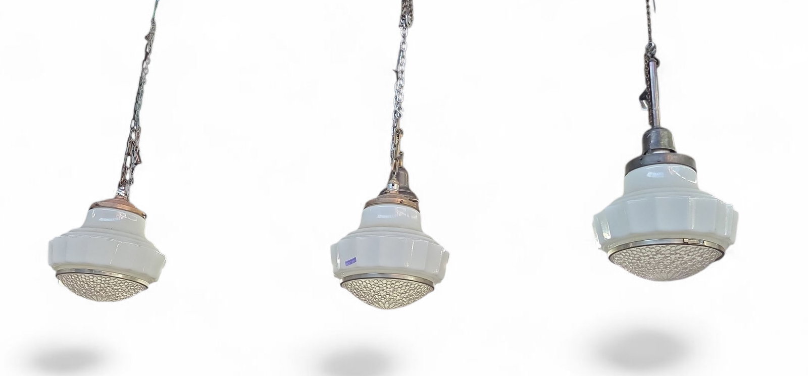 Trio of Art Deco Milk Glass Pendant Lights. (1 of 2)