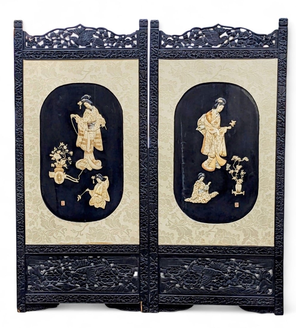 Large Old Pair Bone Carved Wall Plaques w/ Seal.: These are Artist Signed with a Seal. They are Japanese. In addition to the bone inlay, they have mother-of-pearl inlay as well. They have some cracks in the image and in the wood frame, as well as som