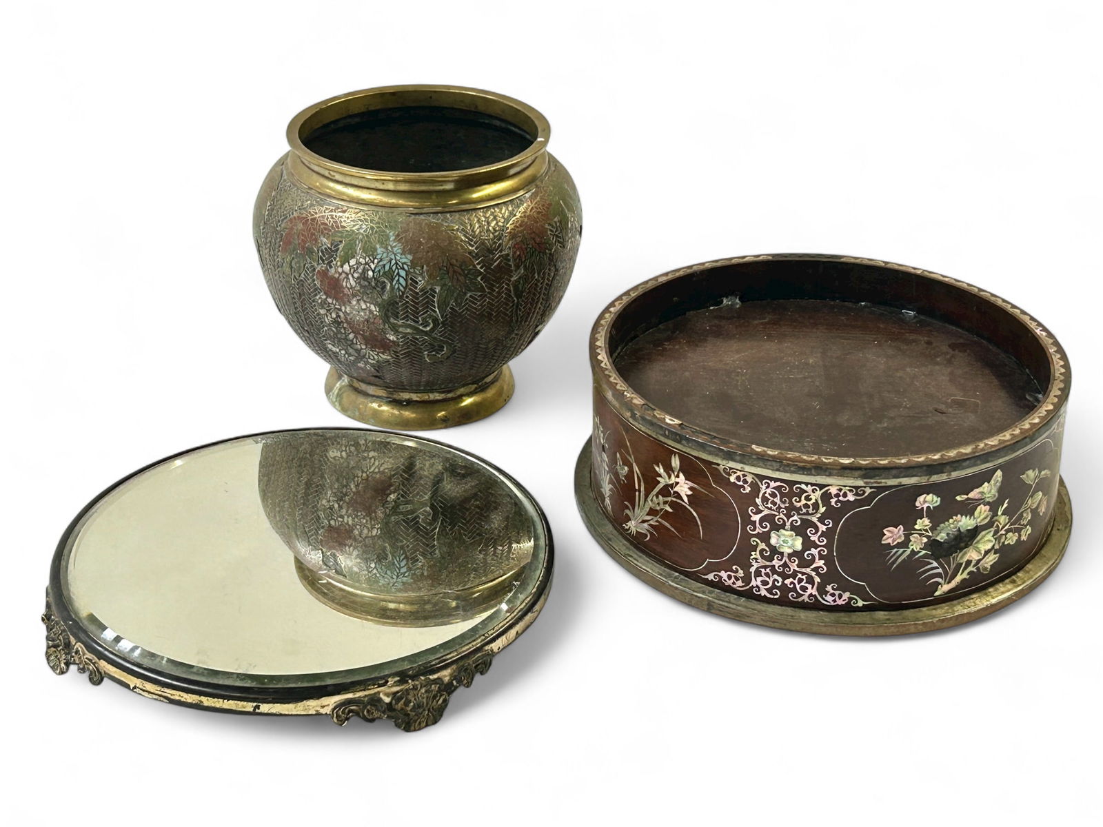 Lot of 3 Asian Items - Vase, Stand, & Box. (1 of 9)