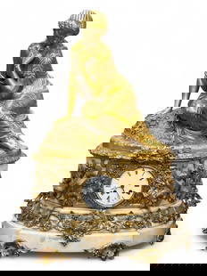 Lg. Sgd. Cumberworth Marble & Gilt Bronze Clock.: This massive figural mantel clock separates into two parts. The base, which has the clock, has a white marble body and ornate pierced gilt bronze decorations depicting grape bunches, birds, snakes,