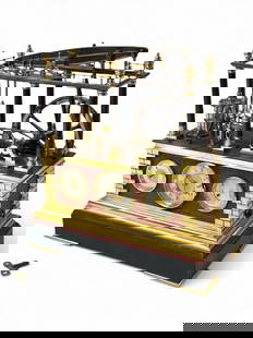 French Steam Engine Industrial Animated Clock.: This exceptional French clock has a brickwork case with an 8-day clock, a barometer, and a thermometer with protective beveled crystals. The distinctive decorations include red marble trim, black