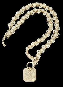 Chanel Pearl & Crystal Lanyard Necklace w/ CC.