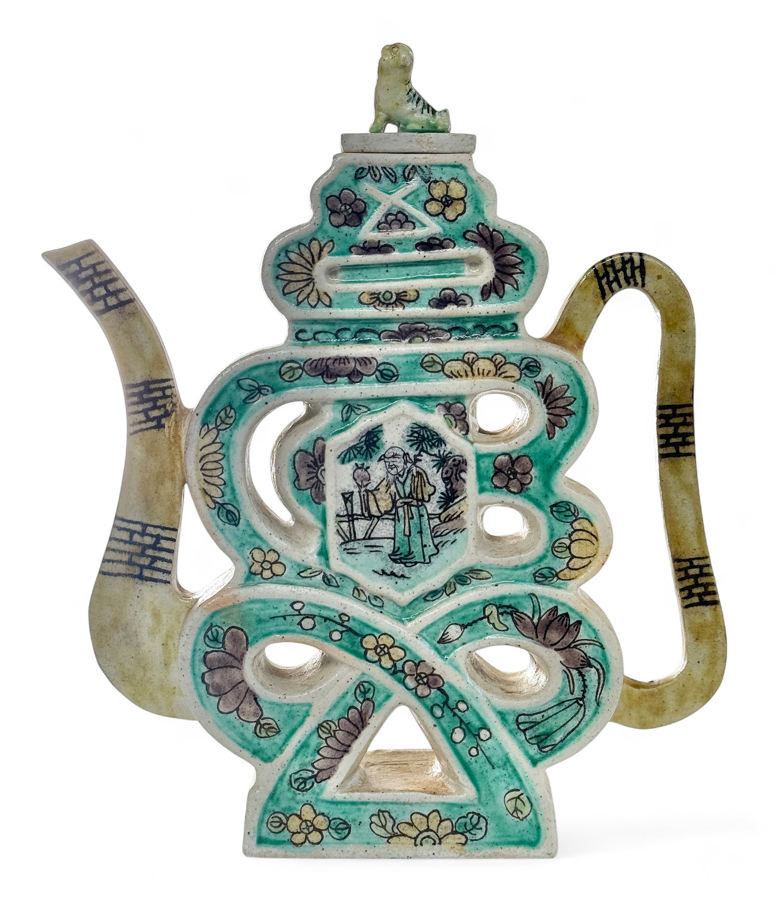19th Century Famille Verte Shou Teapot.: This teapot, which represents longevity, is in good overall condition, with wear to use. It is signed "China" on the bottom. It measures 9" tall, 7 1/4" wide, and 1 5/8" deep. In-house shipping is ava