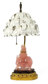 Old Chinese Carved Rose Quartz Qilin Lamp.