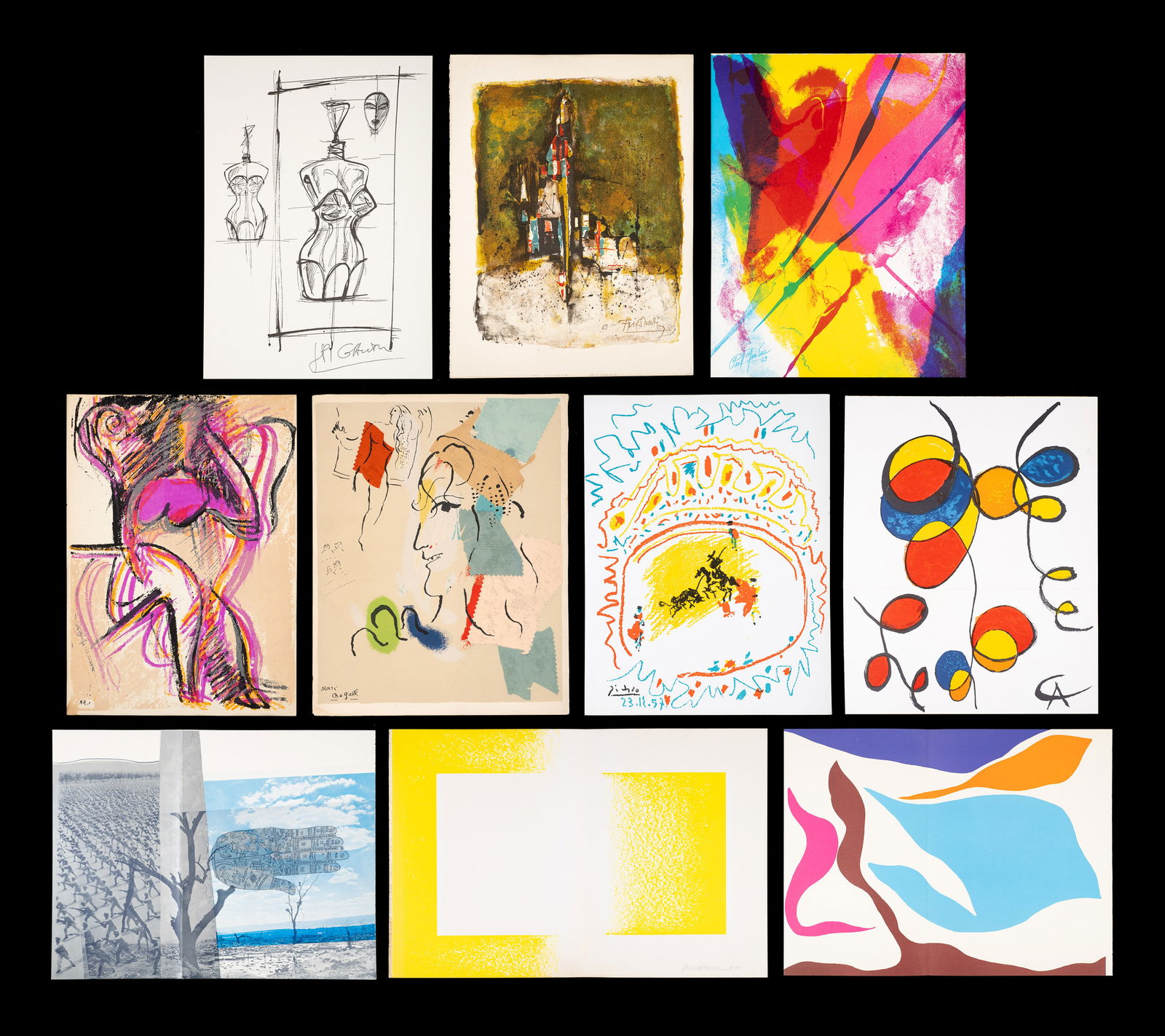 Assorted Lot of Prints - Chagall, Calder, etc.: This lot contains an assortment of predominantly lithographs from artists such as: Marc Chagall, Picasso, Jean Paul Gaultier, Johnny Friedlaender, Alfred Leslie, Alexander Calder, and more. The only p