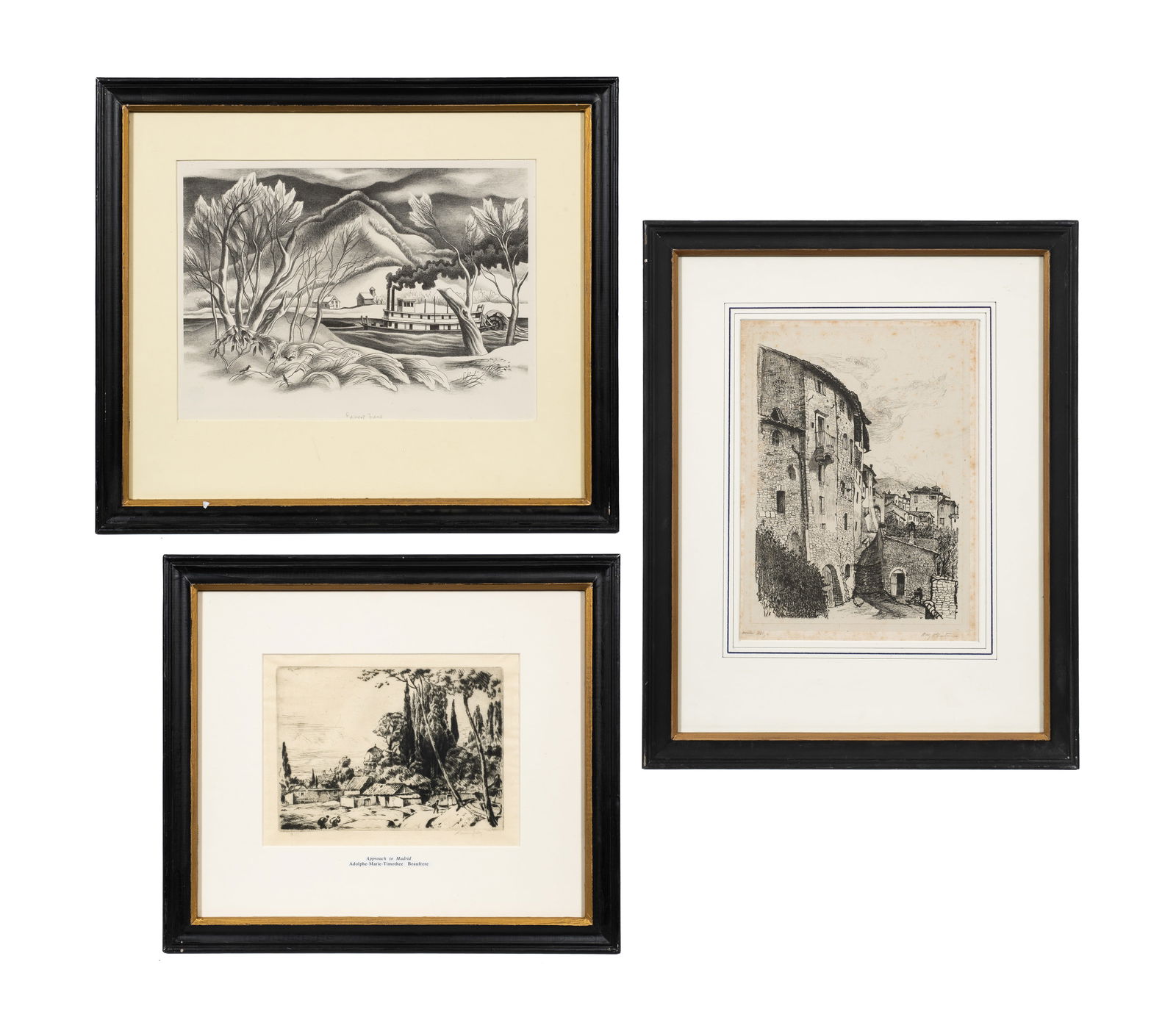 Three Framed Prints - Beaufrere, Fiene, etc.: This lot contains three prints: "Winter on the River", a lithograph by Ernest Fiene (German, 1894-1965); "Approach to Madrid", an etching by Adolphe Marie Timothe Beaufrere (French, 1876-1960); and an