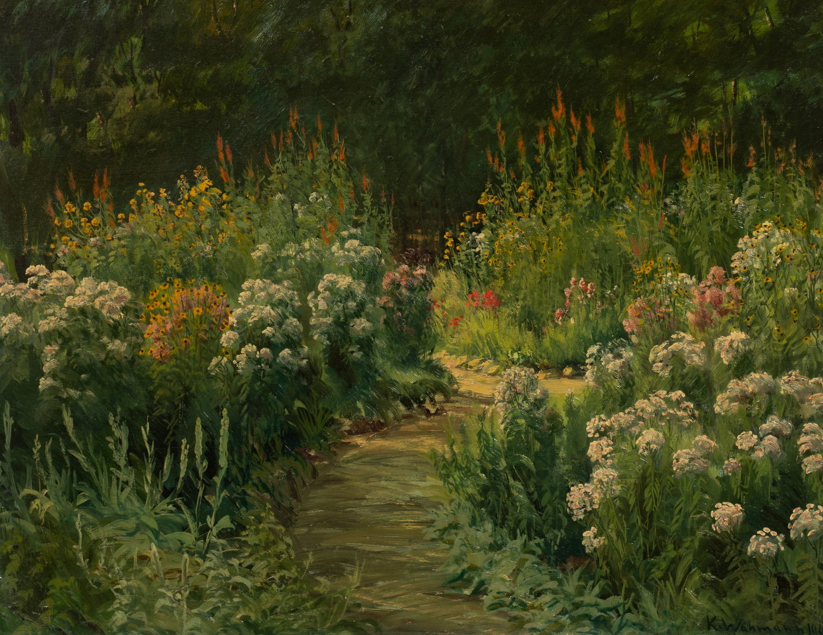 Painting of a Floral Garden, Karin Wahmann.: Artist(s): Karin Wahmann (20th Century). Medium: Oil on panel. Signature(s): "K. Wahmann, 1941", lower right. Paperwork: N/A Condition: There are a few superficial scuffs to the work, as well as signs
