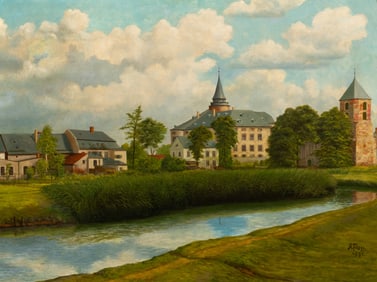 Painting of Town and Creek, Sgd. A. Floss.