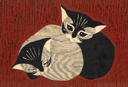 Two Cats, Woodblock Print by Kaoru Kawano.