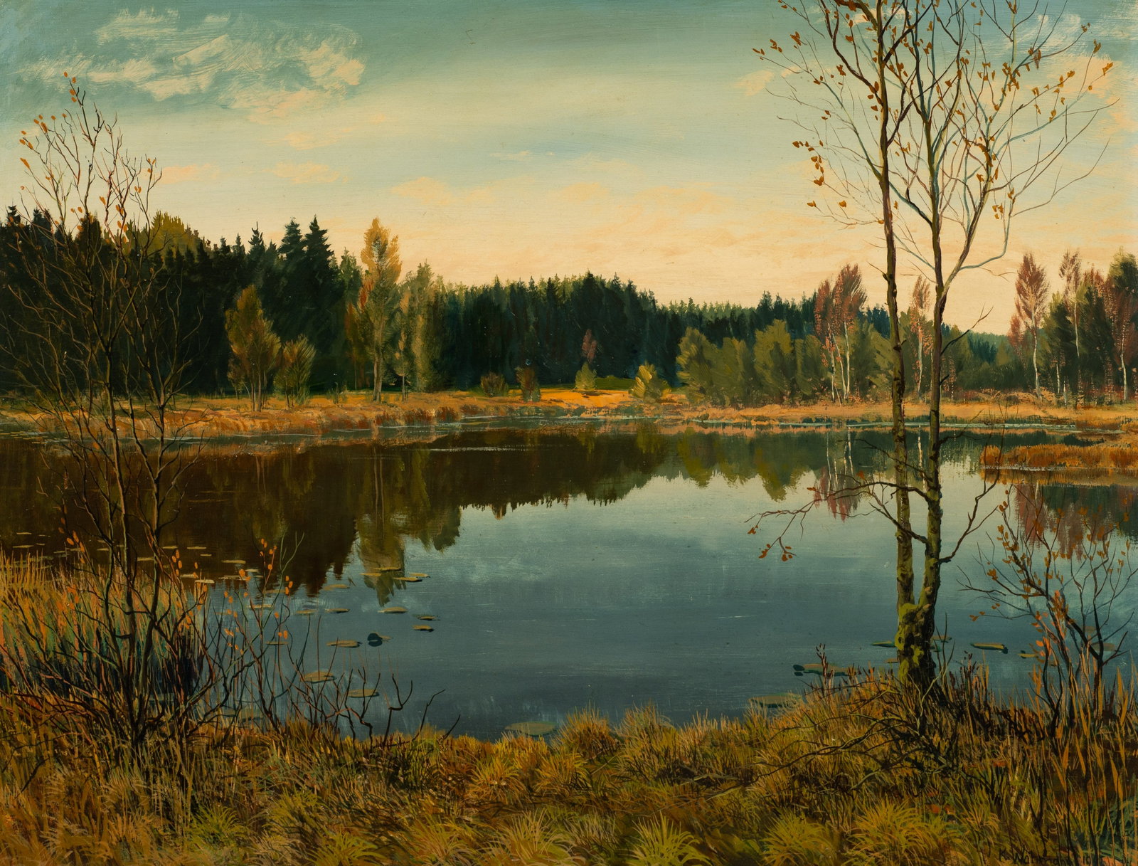 Landscape Painting of a Lake, Karin Wahmann.: Artist(s): Karin Wahmann (20th Century). Medium: Oil on panel. Signature(s): "K. Wahmann, 1942", lower right. Paperwork: N/A Condition: Darkened varnish, but the work is otherwise in good overall cond
