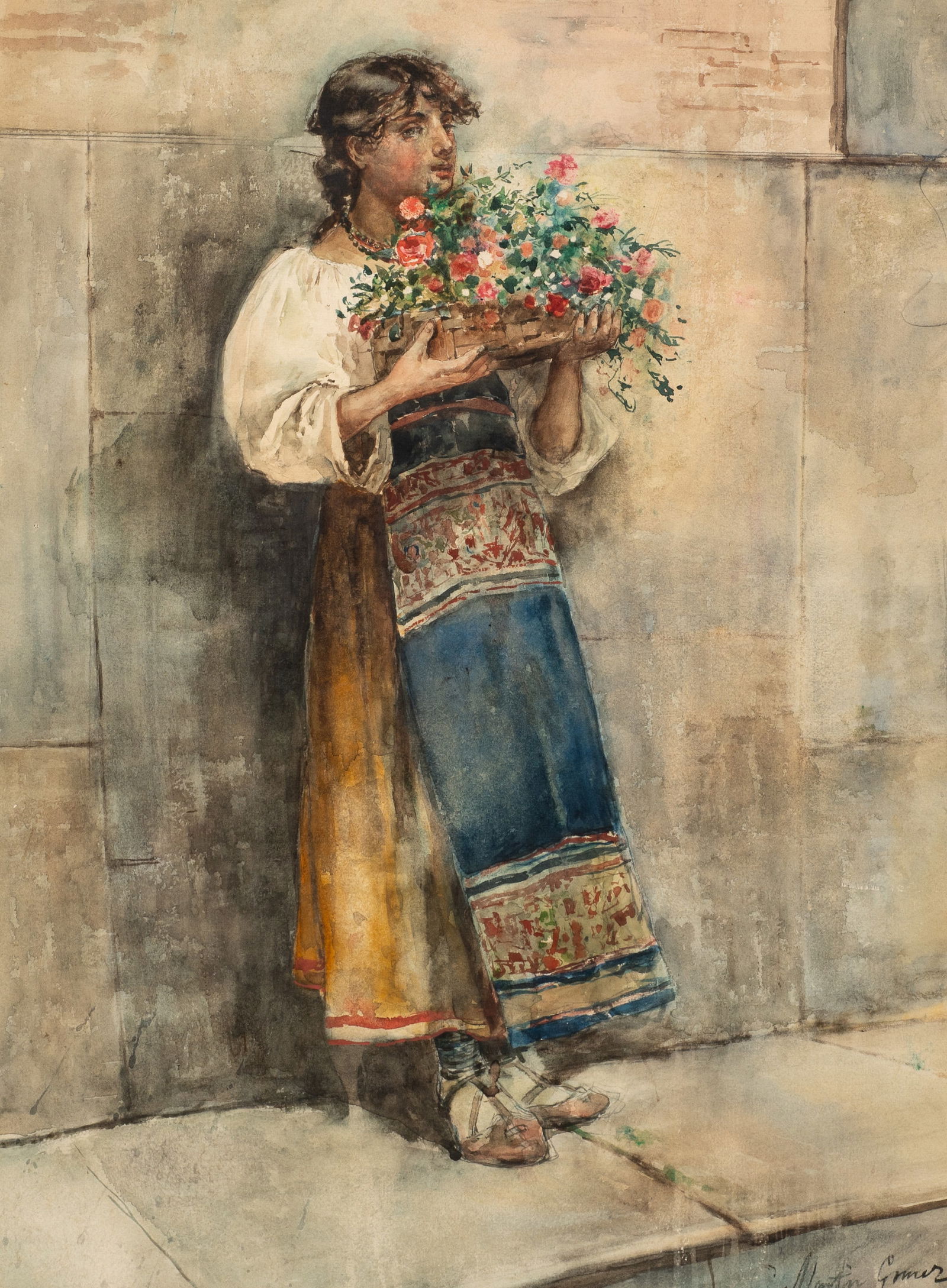 Watercolor of Woman with Flowers, C. Martin Gomez.: Artist(s): C. Martin Gomez (20th Century). Medium: Watercolor painting on paper. Signature(s): Lower right. Paperwork: N/A Condition: There appears to be a mended tear, middle right. The paint has run