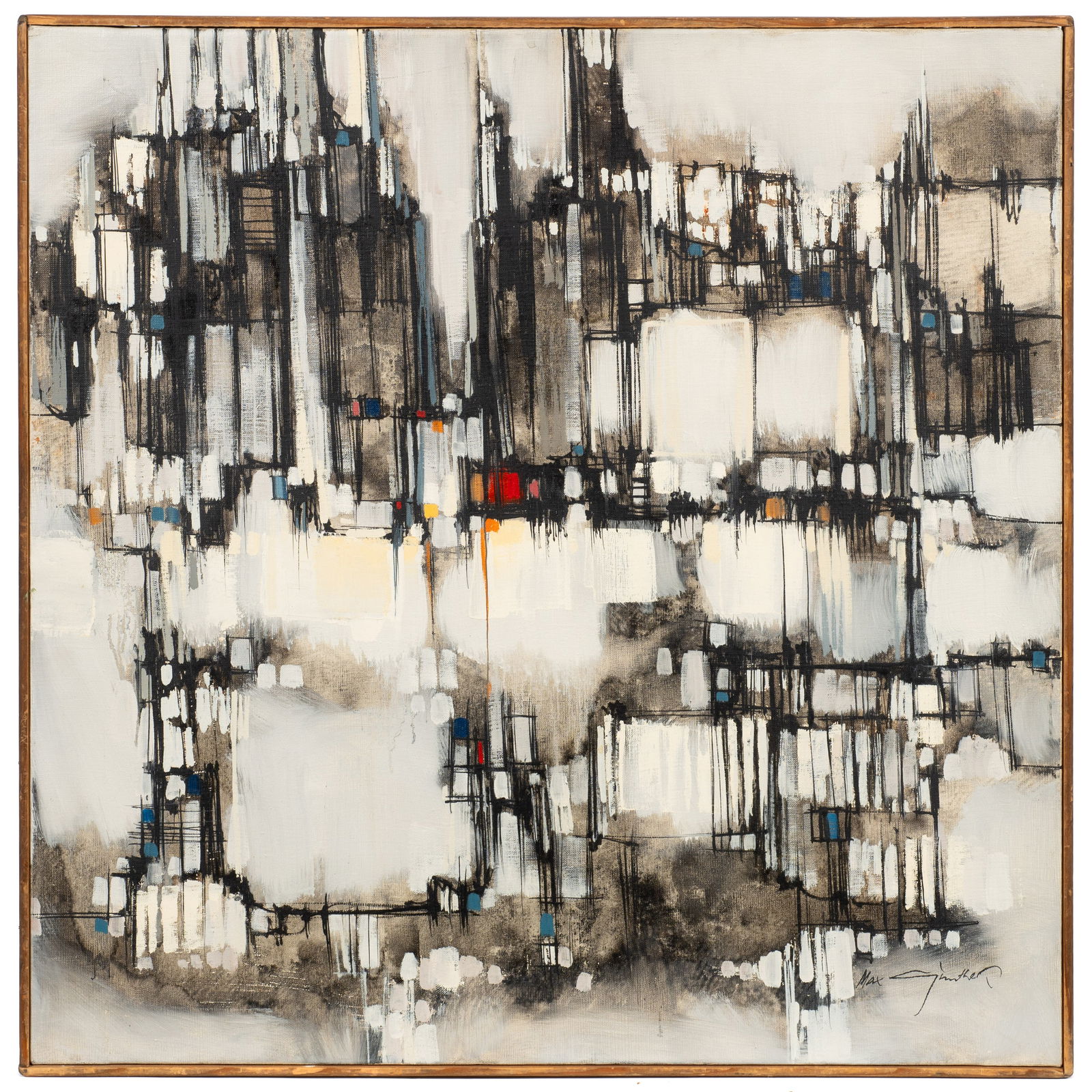 "Downtown", Abstract Cityscape by Max Gunther.: Artist(s): Max Gunther (Swiss, 1934-1974). Medium: Oil on canvas painting. Signature(s): Signed lower right, as well as en verso. Paperwork: N/A Condition: Minor craquelure where the canvas folds over