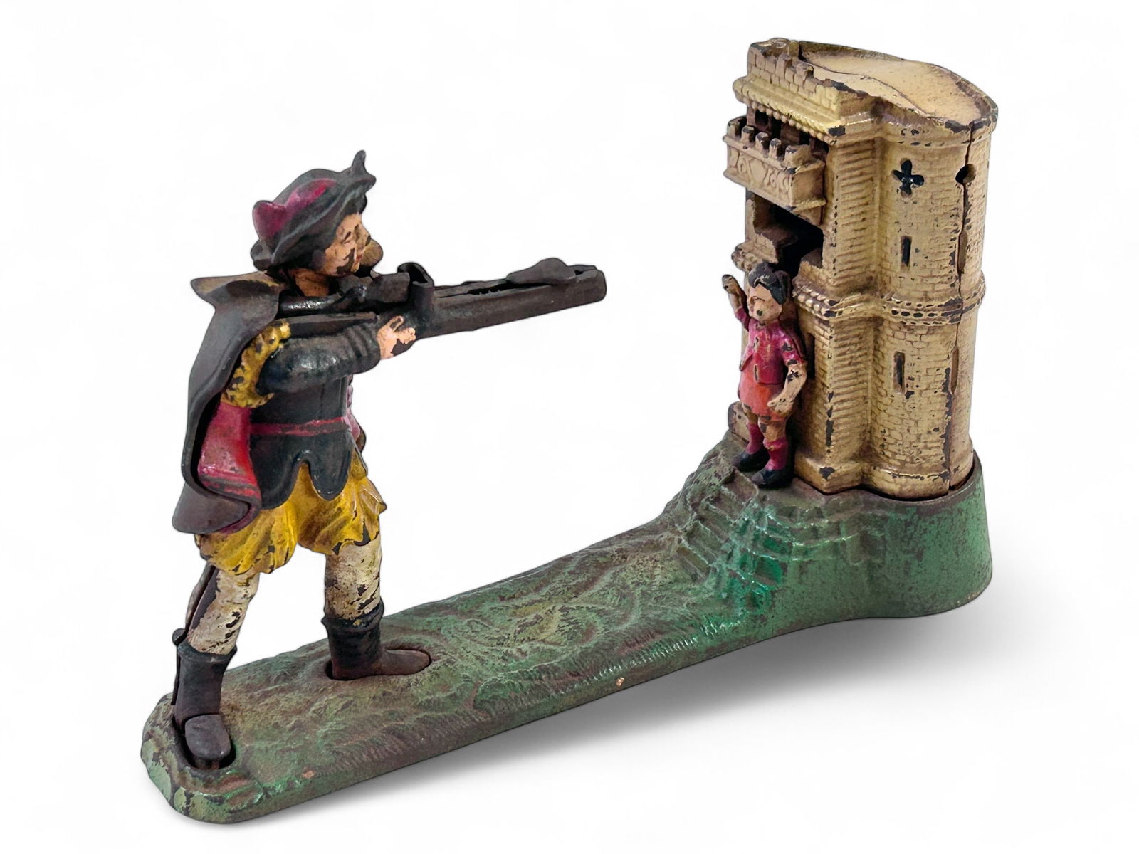 Old William Tell Cast Iron Mechanical Bank: This antique cast iron mechanical bank by J&E Stevens is in working condition. You place a coin atop the front of the rifle, and it shoots through the apple on the figure's head. The bank is marked Pa