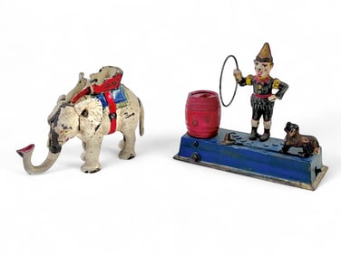 2 Circus Themed Cast Iron Coin Banks, Trick Dog.